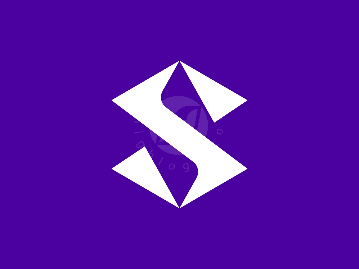The Letter S With A Pointed Shape Logo, Centered on a solid purple background, a white geometric symbol forms a stylized letter S with sharp angles.