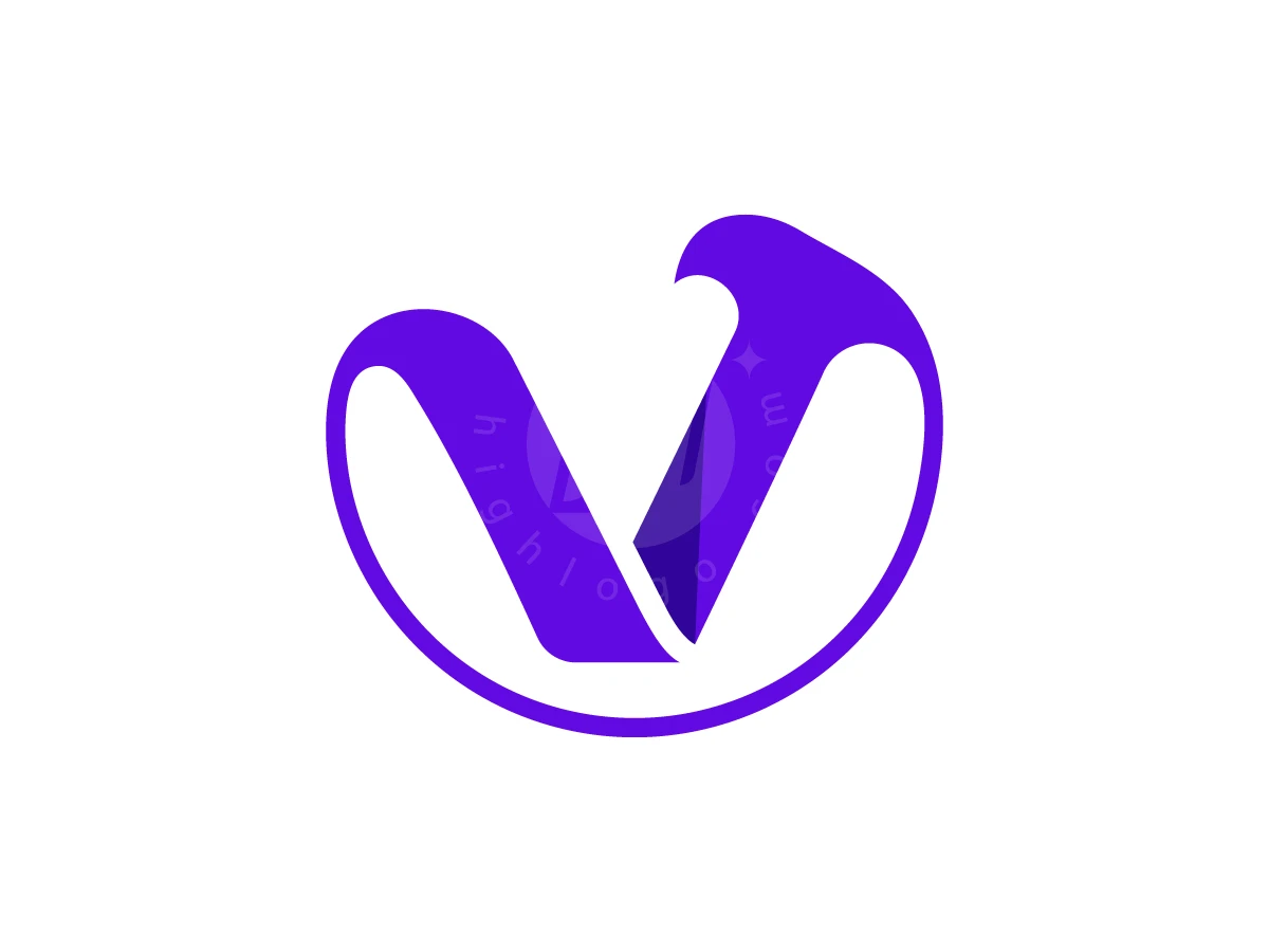 The Letter V With A Pointed Tip Logo, Loops of purple ribbon curve elegantly to form a stylized letter V against a plain white background.
