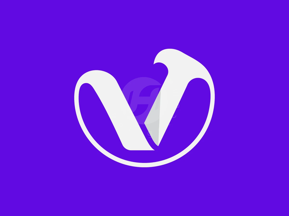 The Letter V With A Pointed Tip Logo, Stylized white letter V loops into a circular frame on a solid, vibrant purple background.