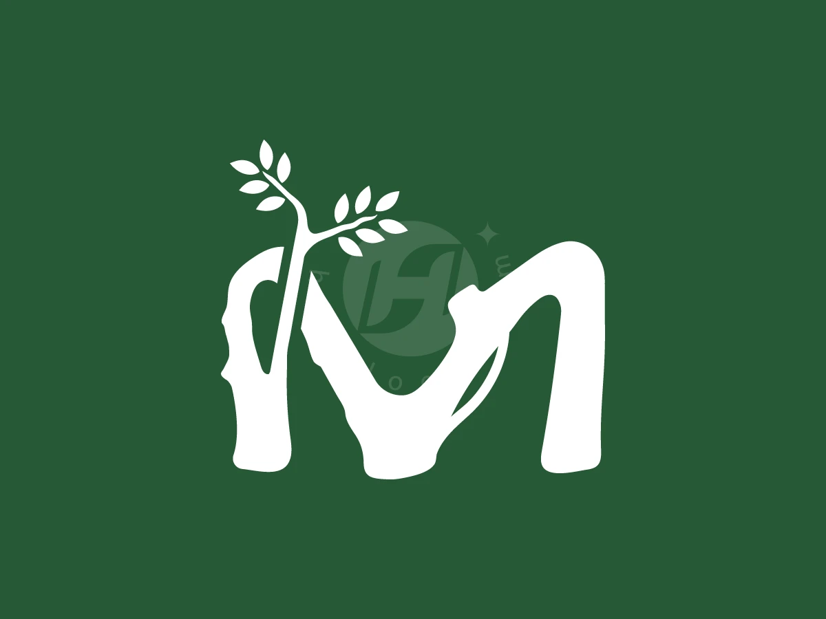 Roots That Form The Letter M Logo, Sprouting leaves and tree-like branches form a white stylized letter M against a solid dark green background.