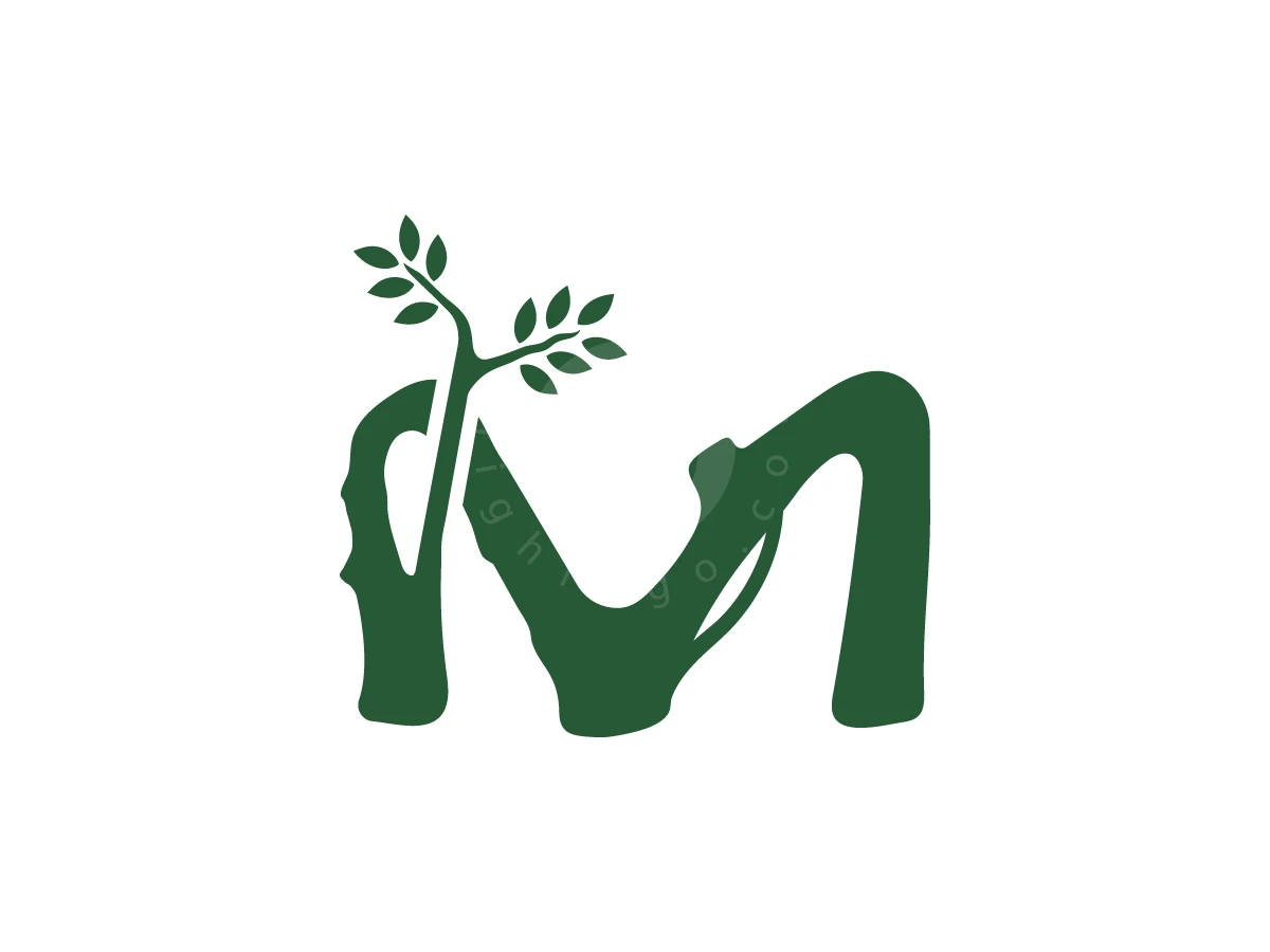 Roots That Form The Letter M Logo, Tree branches shape a dark green letter M with growing leafy sprouts, isolated on a clean white background.