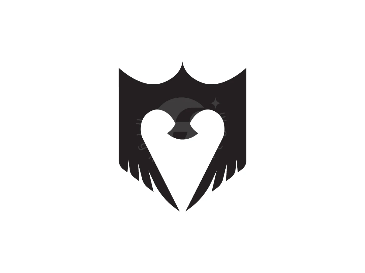 The Birds Fly In A Shield Formation Logo, Framing a central white heart, a black winged shield silhouette stands out against a clean white background.
