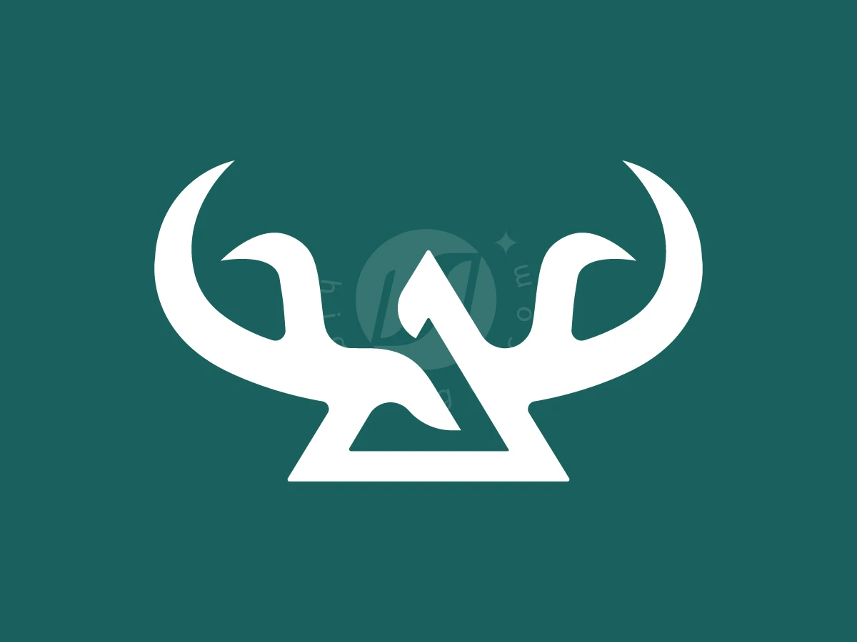 Modern Deer Antler Geometric Emblem, Against a dark teal background, a white abstract symbol combines curved horns with a geometric triangular base.