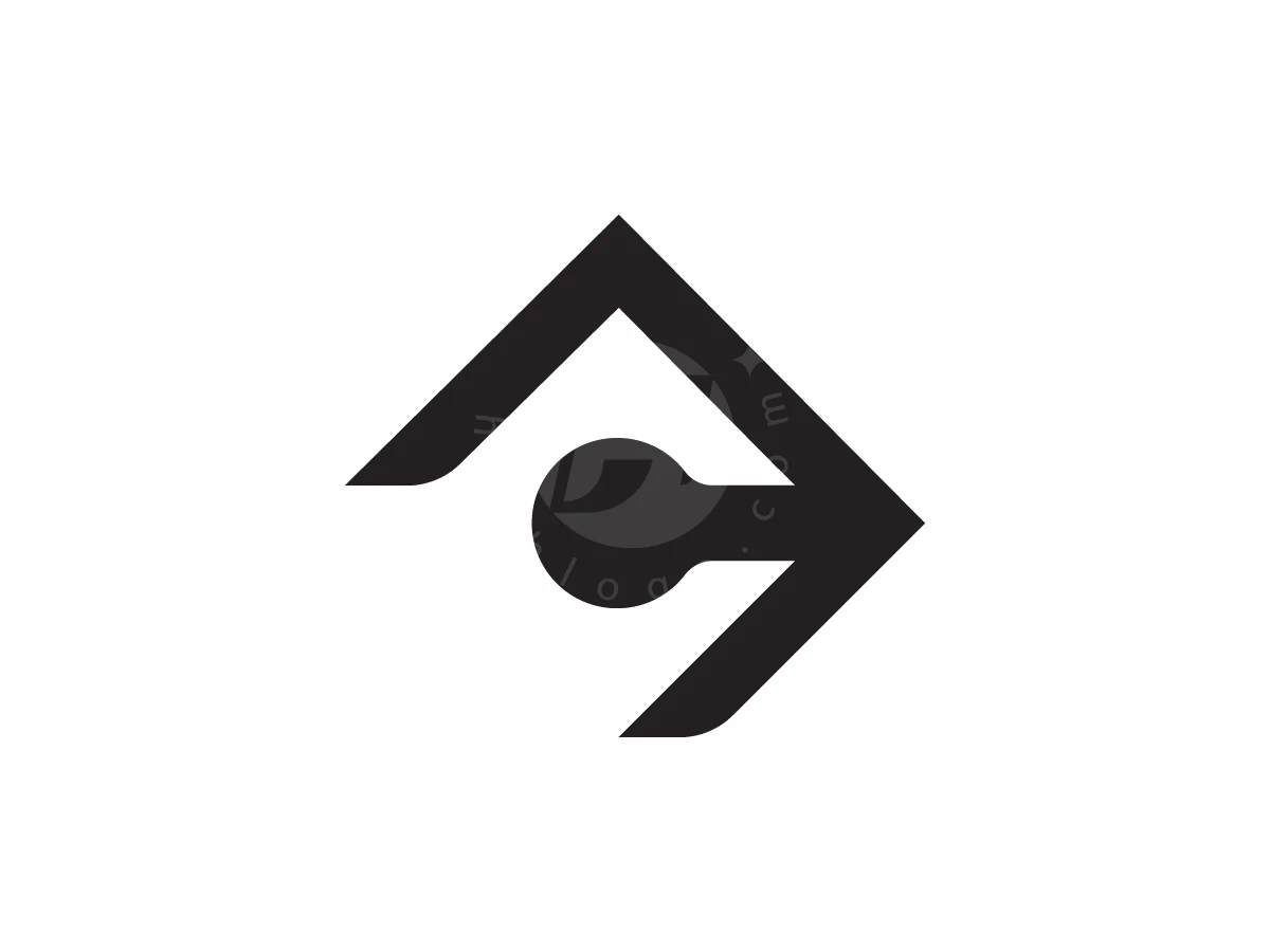 Letter C In The Shape Of A Rhombus Logo, Bold black geometric shapes form an abstract house roof and arrow symbol enclosing a circle on a white background.