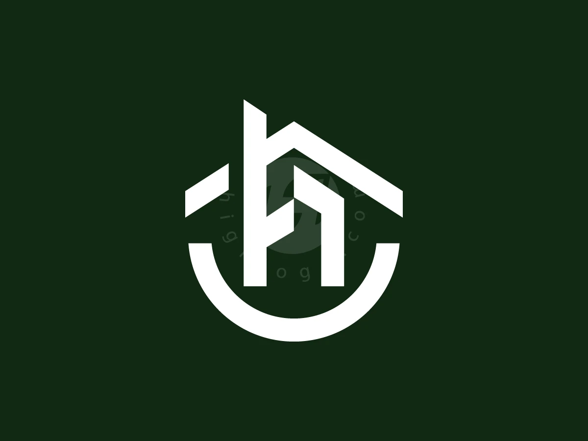 A Happy Home With The Initial H, Against a dark green backdrop, white geometric lines form a stylized house and letter icon with a lower arc.
