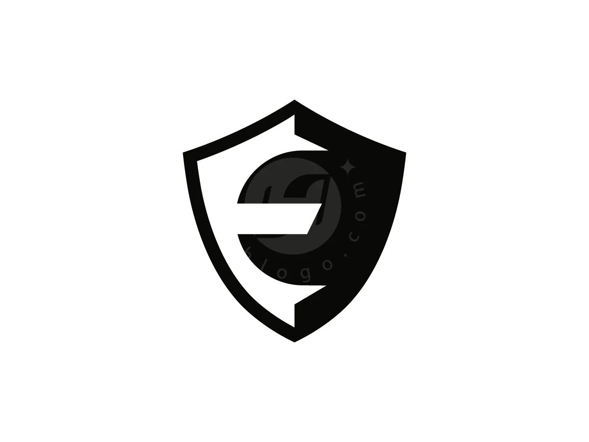 The Letter E Inside The Shield's Border Logo, Inside a black and white shield, negative space cleverly forms a stylized letter E against a plain background.