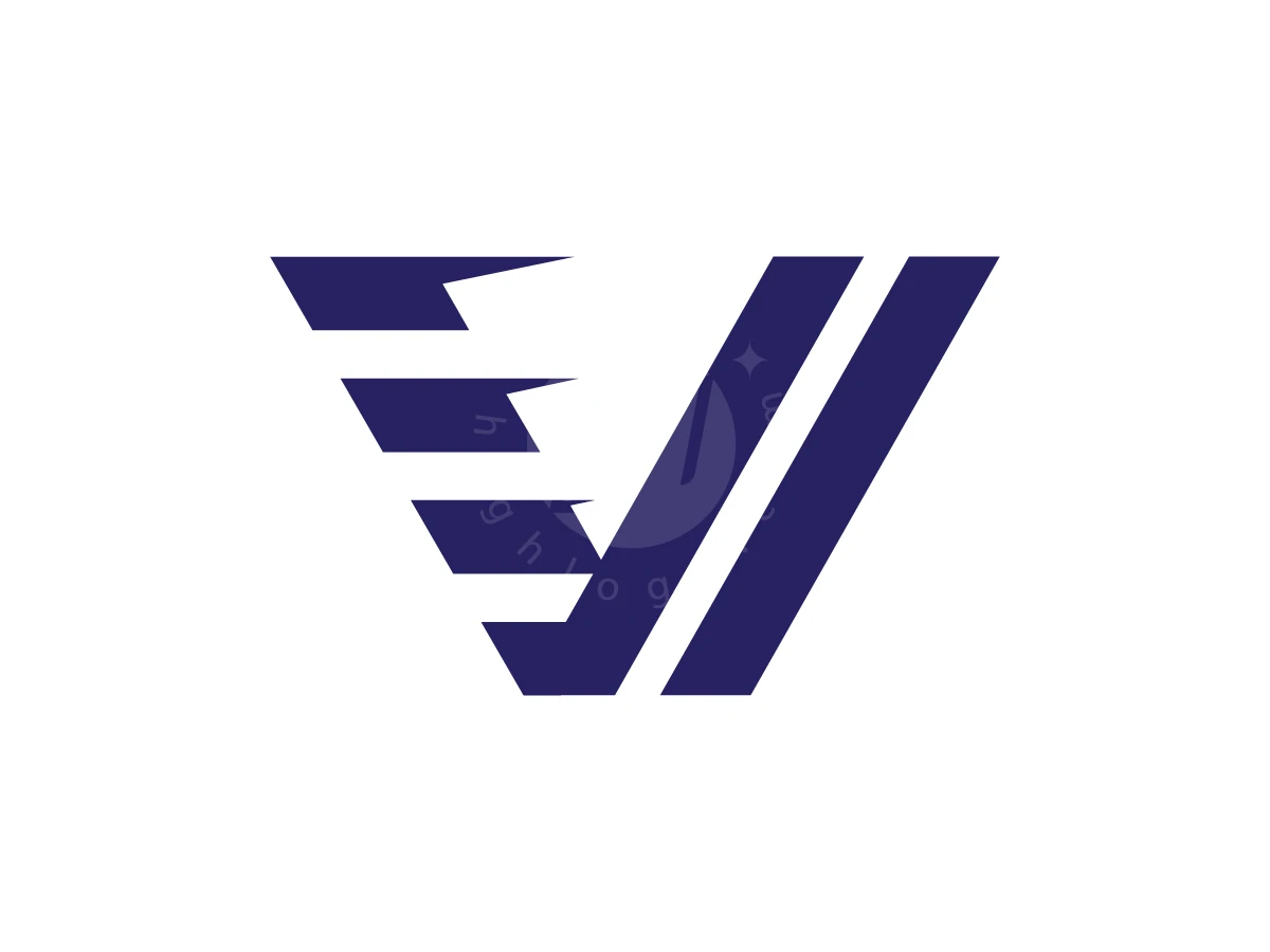 Geometric V-line Logo, Bold navy blue diagonal bars and pointed horizontal wings form a stylized geometric letter V on white.