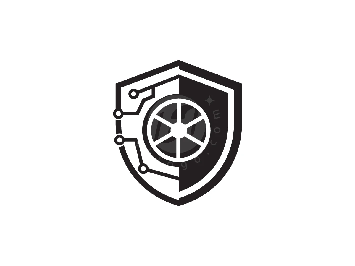 Luxury Smart Storage Logo, Shield emblem split into black and white halves, integrating circuit board traces and a central spoked wheel design.