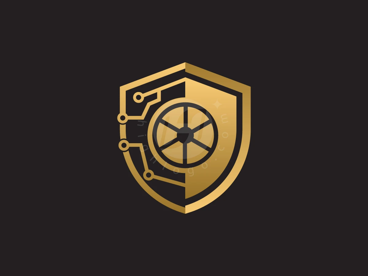 Luxury Smart Storage Logo, Circuit board lines and a vault wheel integrate into a golden shield design over a dark background.