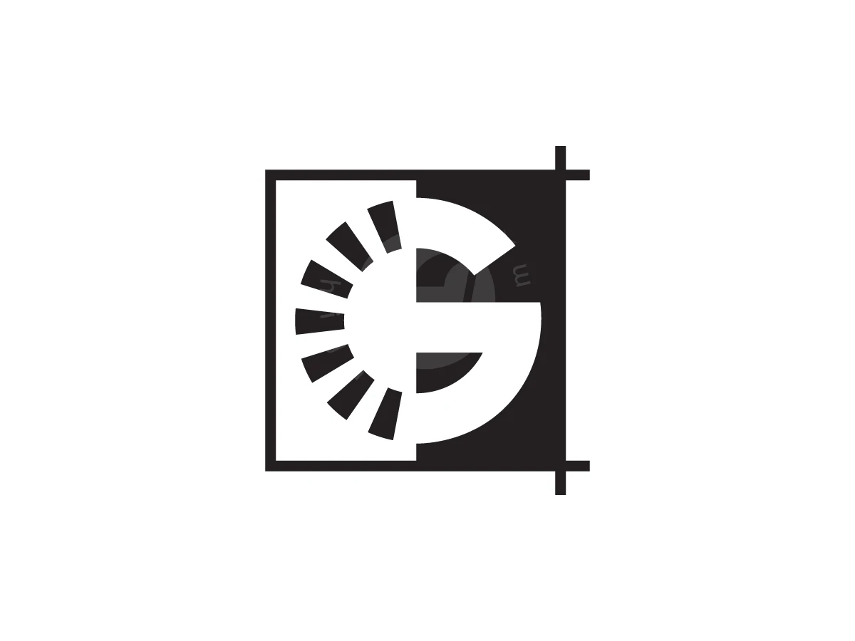 Letter G Architect Logo, Integrating radiating rays and solid curves, this black and white design forms a stylized letter G within a frame.