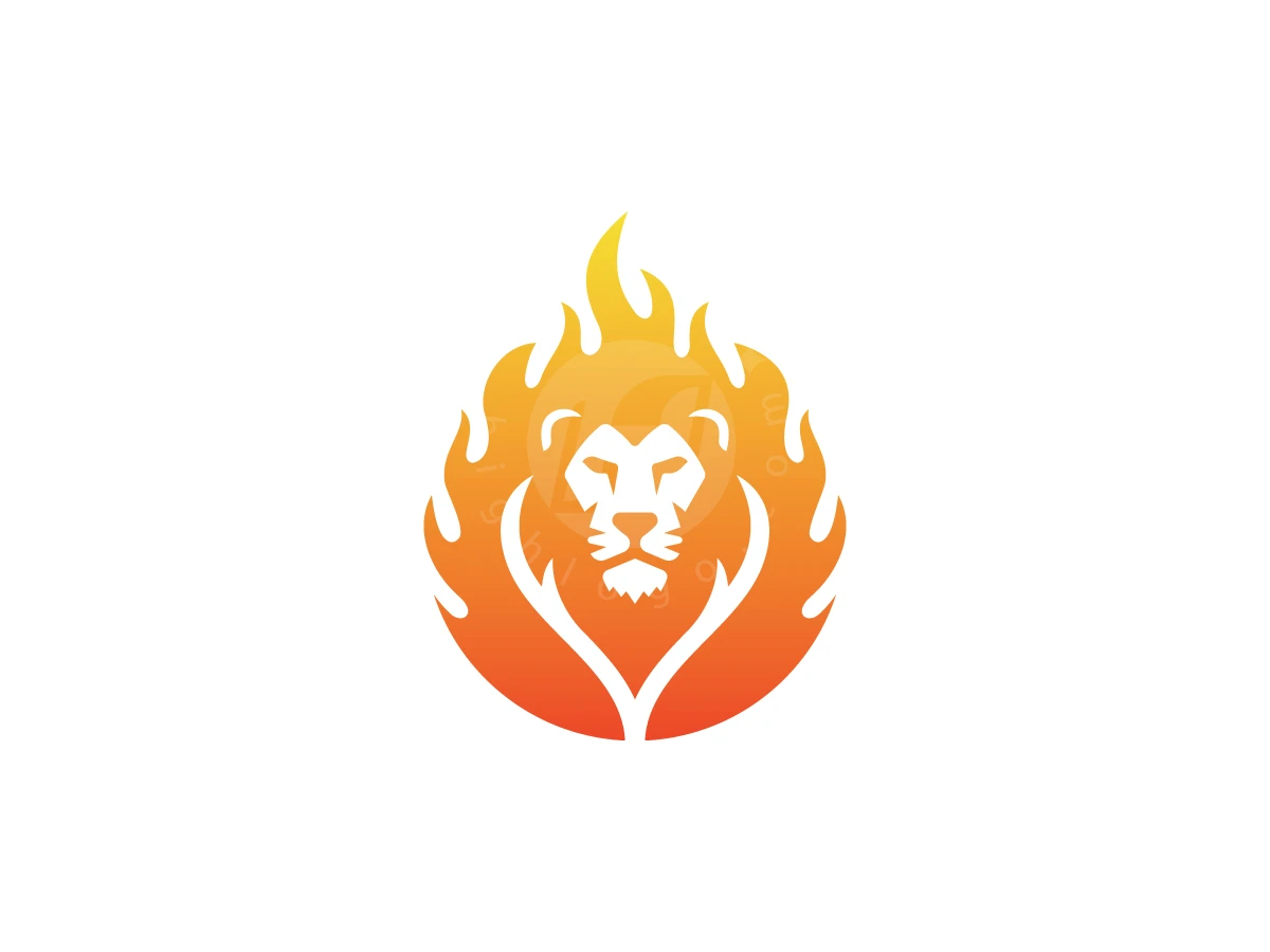 Flames in orange and yellow gradients surround a white lion head in this dynamic blazing fire lion logo.