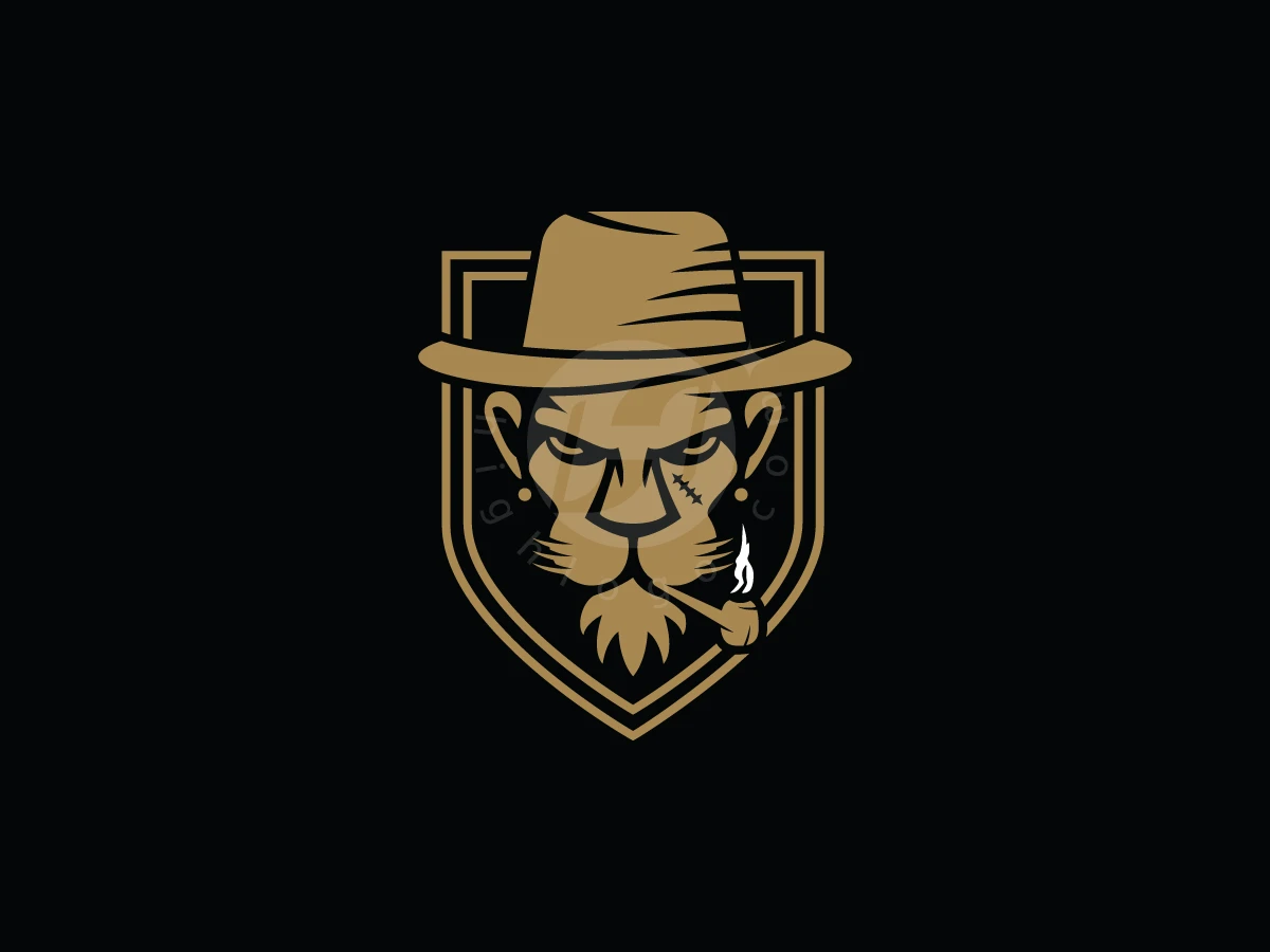 Inside a gold shield, a scarred lion wearing a fedora smokes a pipe in this luxury mafia emblem logo.