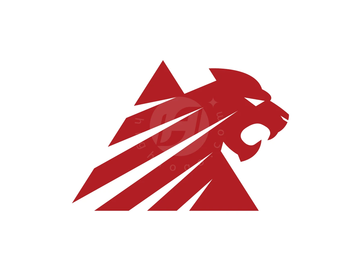 Mountain peaks merged with a roaring lion head create this red angular Astra Lion Mighty Mountain Peak logo.