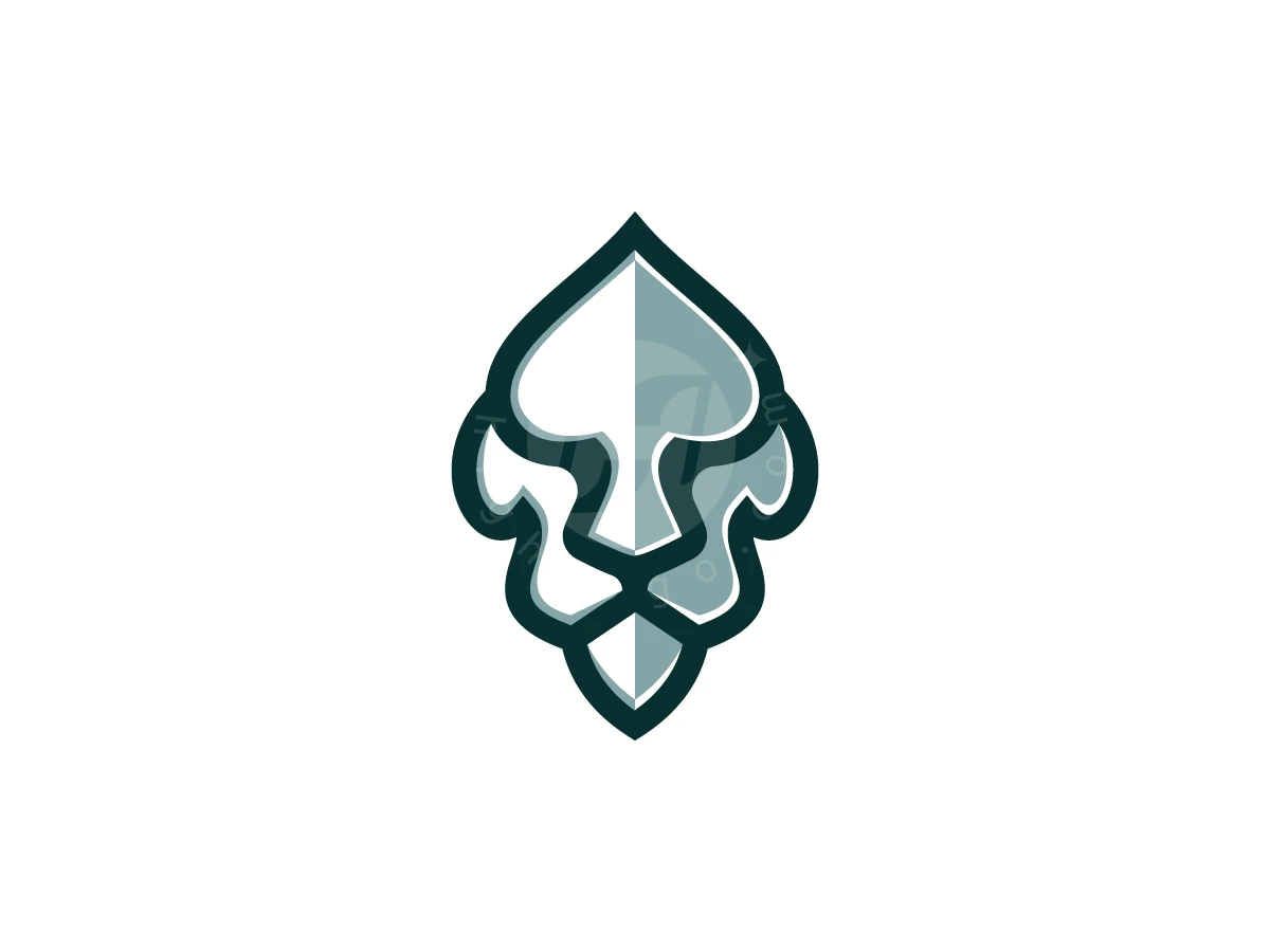 Shades of teal and grey form a regal lion's head within a symmetrical spade-shaped crest logo.