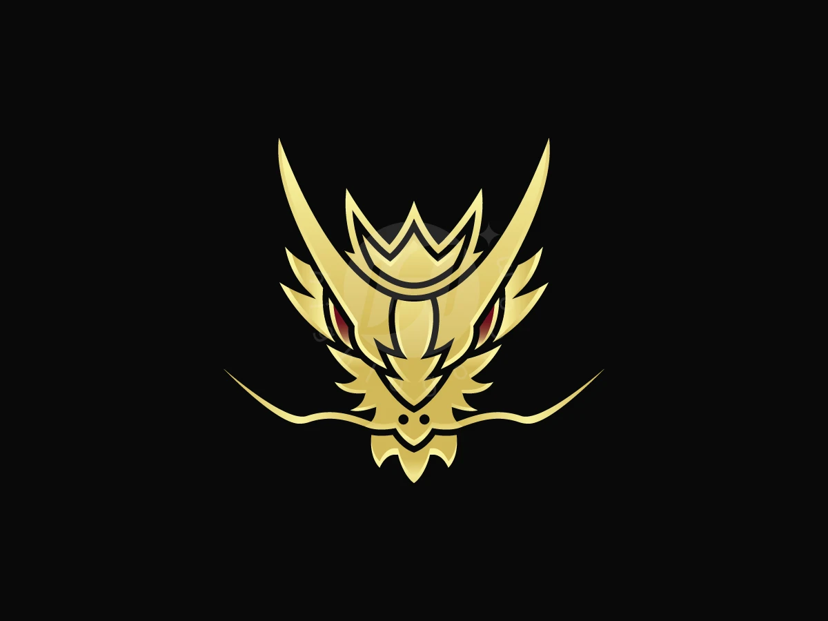 Dragon head wearing a golden crown and red eyes forms this royal crest logo with curved whiskers.