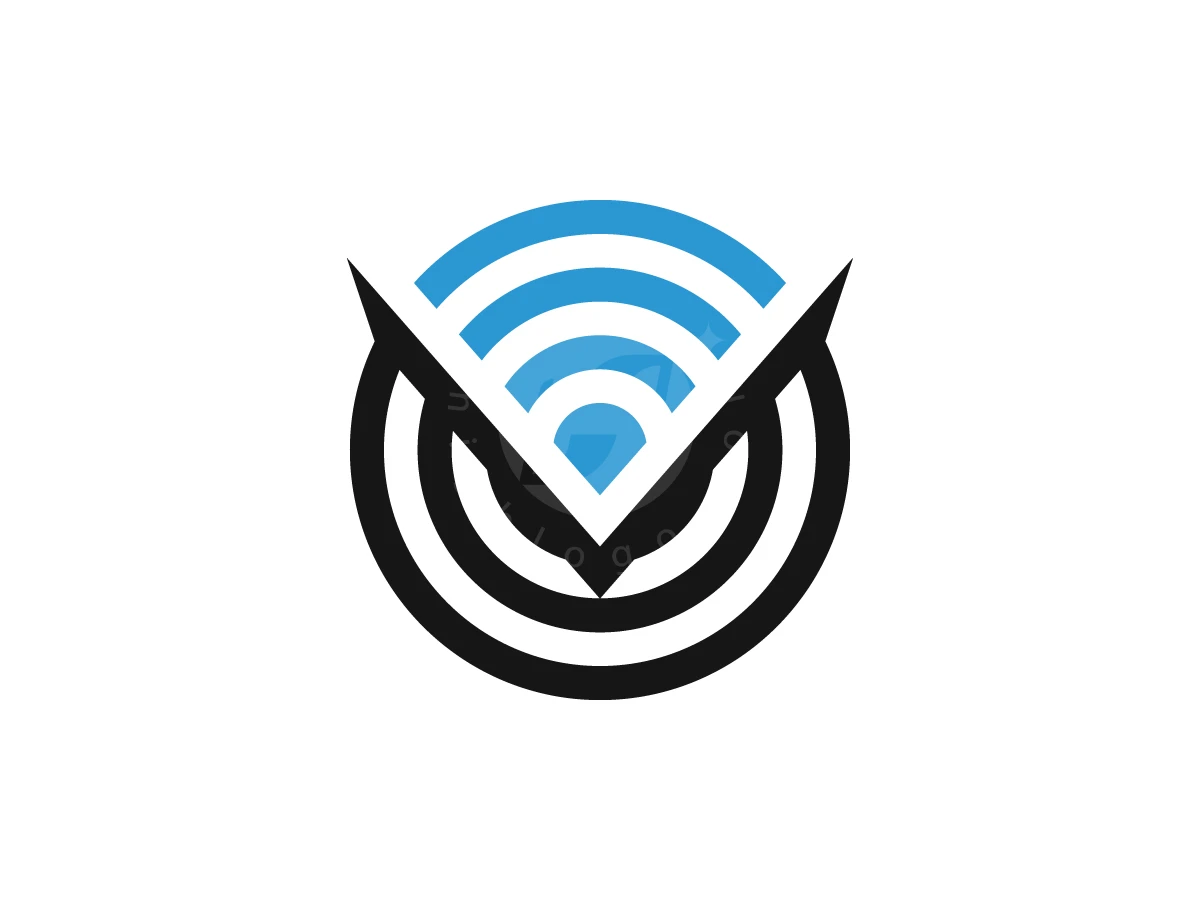 Arcs of blue and black create a visionary cyber owl logo featuring sharp ears and signal wave patterns.