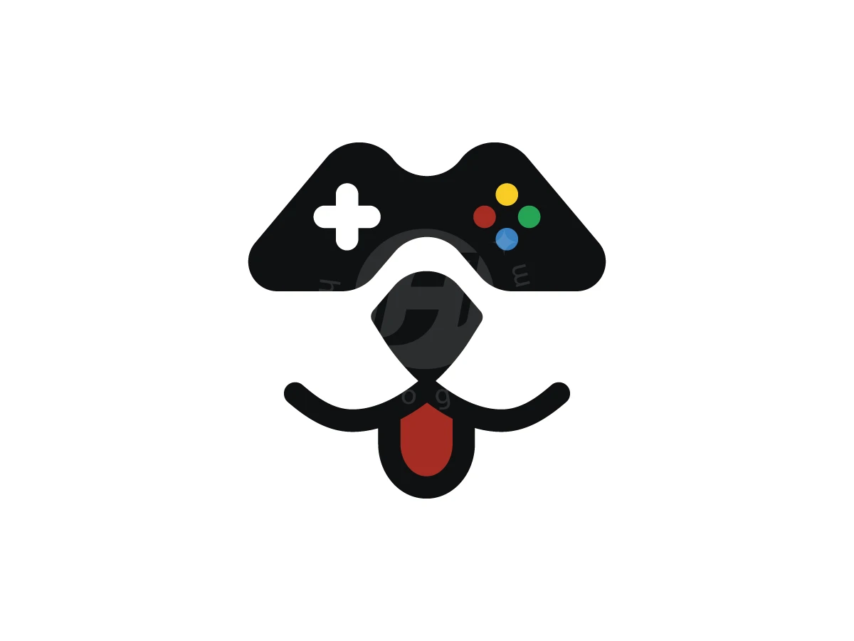 Canine Gamepad Eyes Logo, Gaming controller silhouette creates a dog's face with a white D-pad, four colored buttons, and red tongue.
