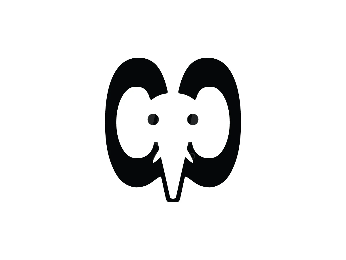 Modern CC Elephant Head Monogram Logo, Negative space defines a white elephant head within bold, symmetrical black curved shapes on a white background.