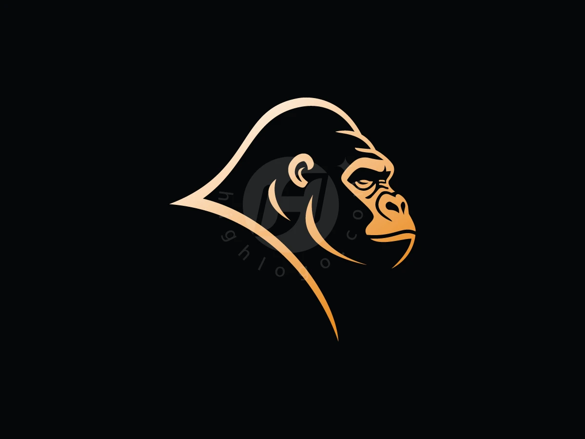 Majestic Gorilla Strength Identity Logo, Gradients of gold define a stylized gorilla head profile, set against a black background with sharp, elegant minimalist strokes.