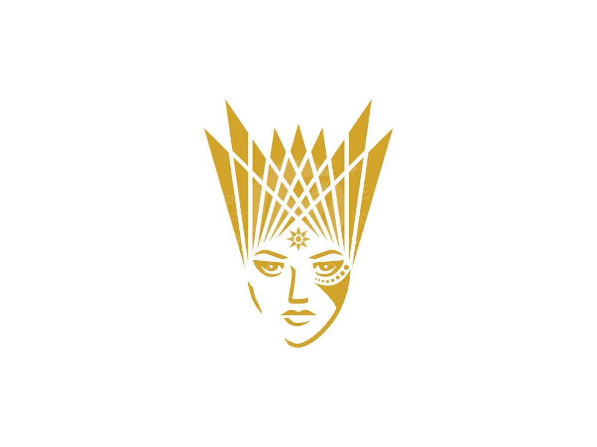 Sovereign Tribal Queen Logo, Gold geometric lines form a stylized female face wearing a spiky crown with a star on her forehead.