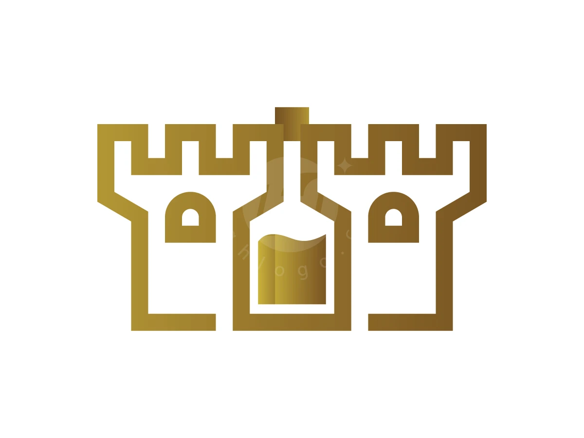 Two Castles Guarding Legendary Bottle Logo, Gold geometric lines form a castle fortress integrated with a central wine bottle silhouette on a white background.