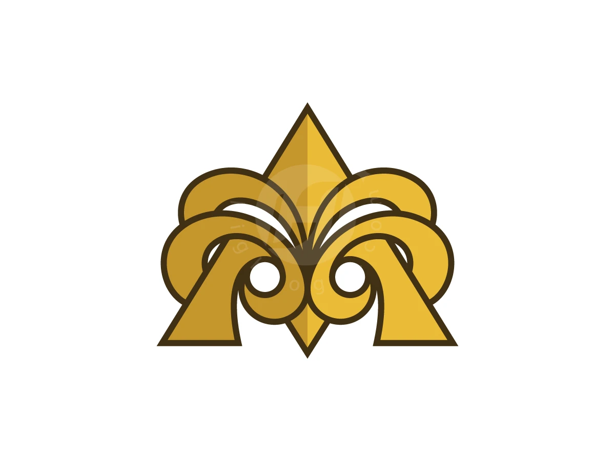 Letter A Ornament Owl Logo, Symmetrical golden scrolls and a central pointed diamond shape create an elegant letter M on a white background.