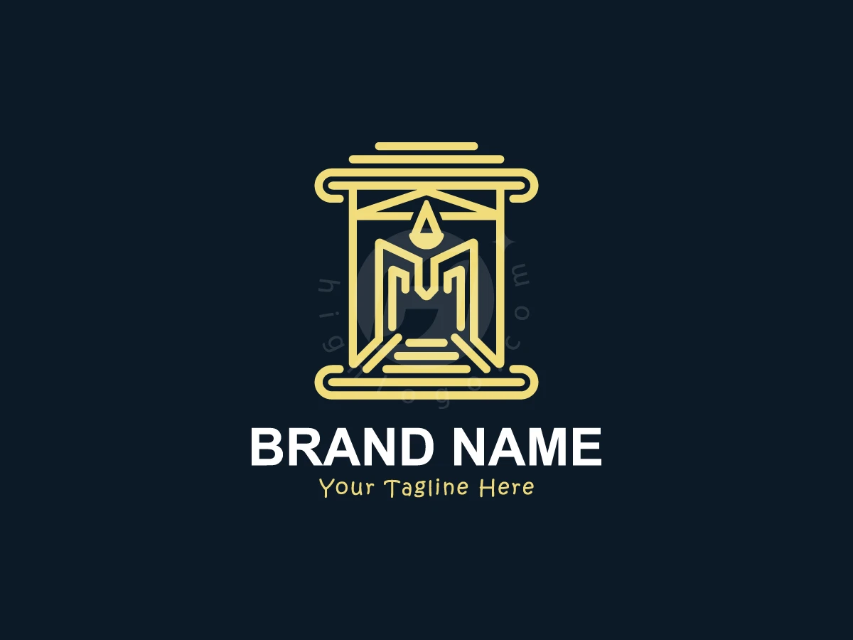 Spartan Law Gate Logo, Pillars of gold forming a stylized letter M stand above bold white text on a dark blue background.