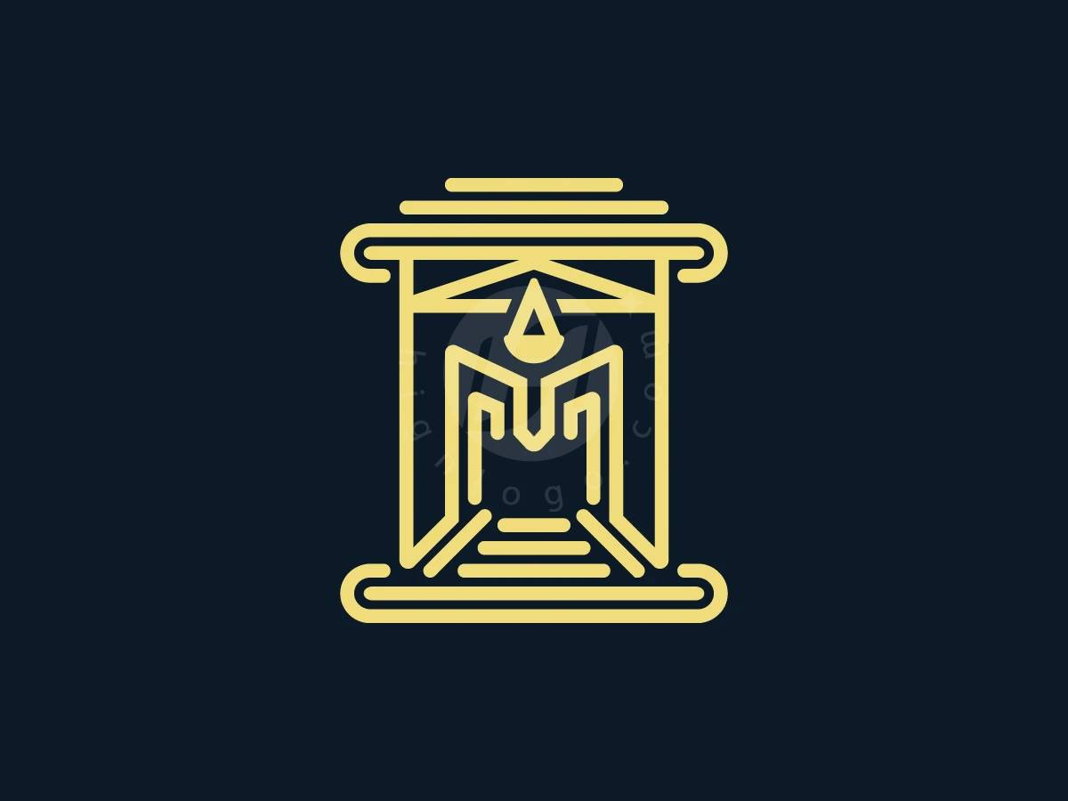 Spartan Law Gate Logo, Golden geometric lines form a classical pillar housing a stylized letter M and scales against a dark navy background.