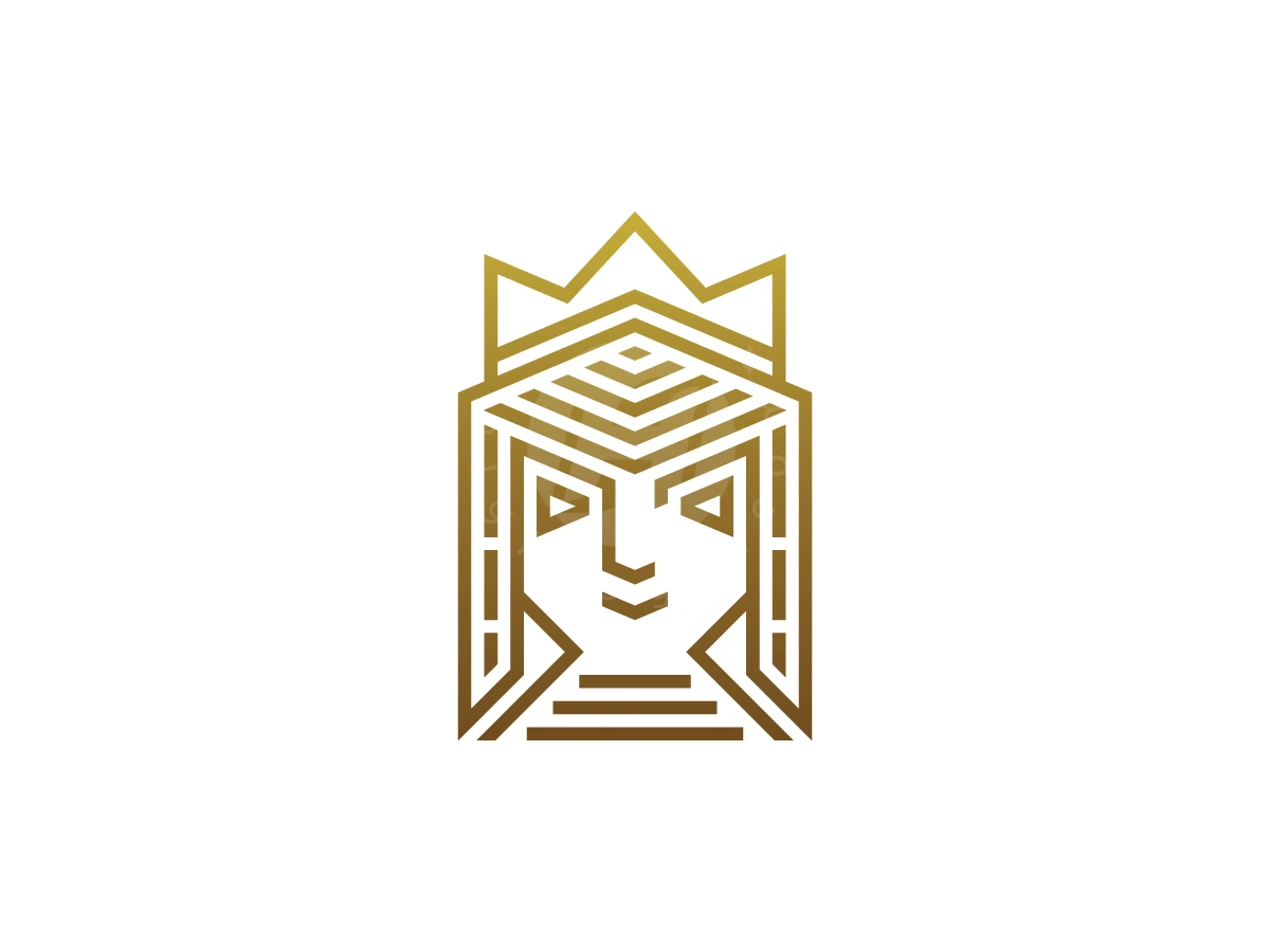 Cleopatra Crown Line Emblem Logo, Geometric gold gradient lines depict a stylized queen wearing a crown, centered on a plain white background.
