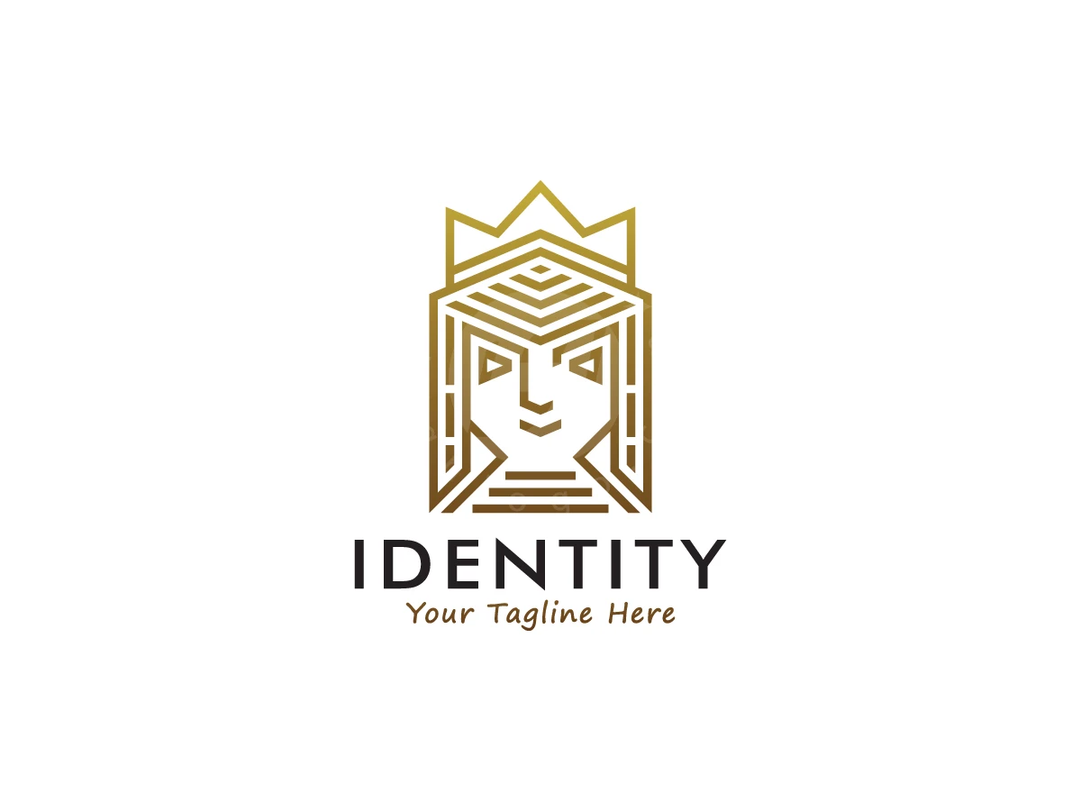 Cleopatra Crown Line Emblem Logo, Gold geometric lines shape a crowned queen's face above bold black "IDENTITY" typography on a white background.