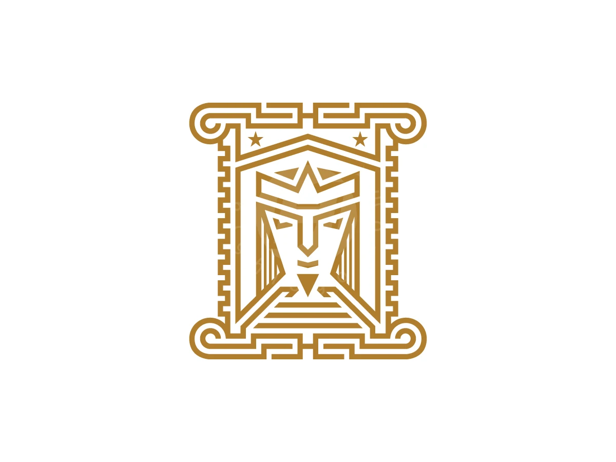Royal Scroll Letter Emblem, Symmetrical gold line art depicts a crowned royal figure framed by classical Greek columns on a white background.