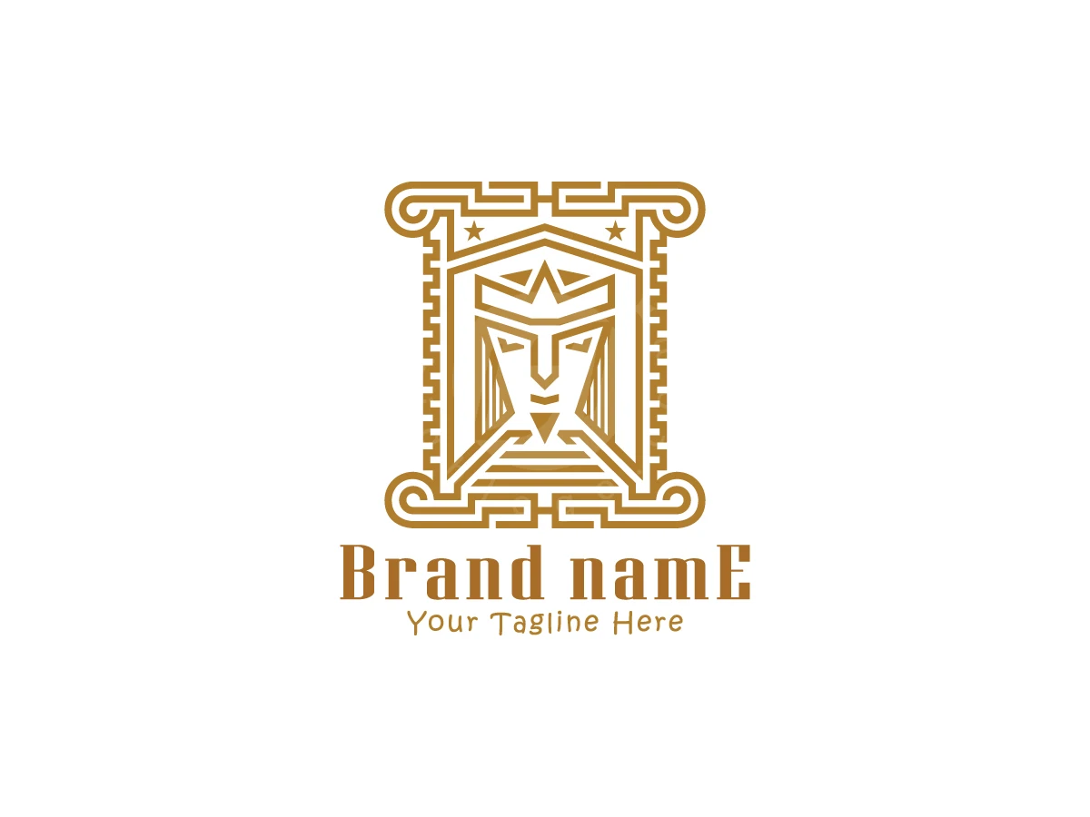 Royal Scroll Letter Emblem, Golden geometric line art depicts a crowned face framed by Greek columns above stylized brown brand typography.