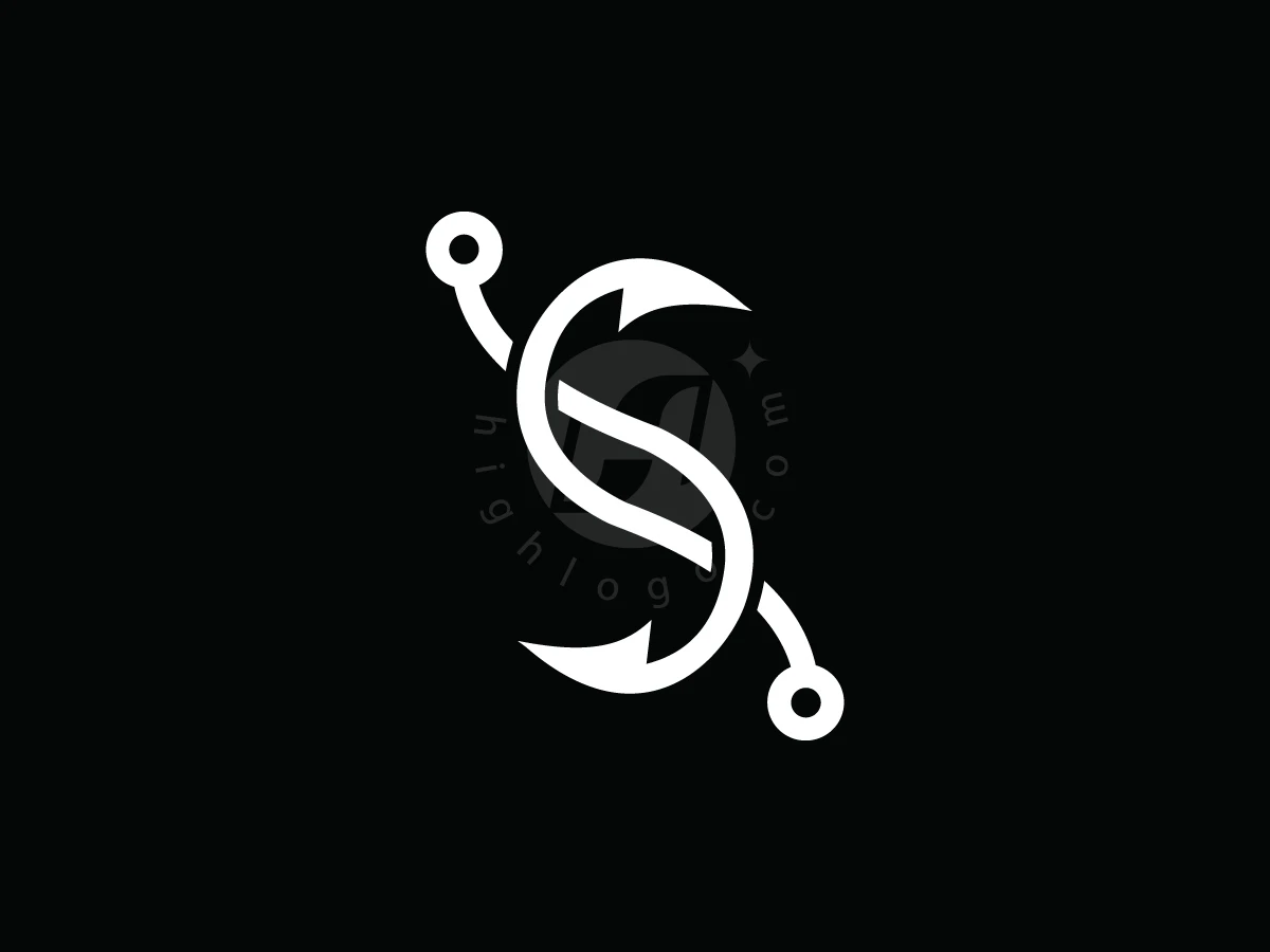 Hooked Serpent Lettermark Symbol Logo, Interlocking white fish hooks form a stylized letter 'S' with circular nodes, set against a solid black background.