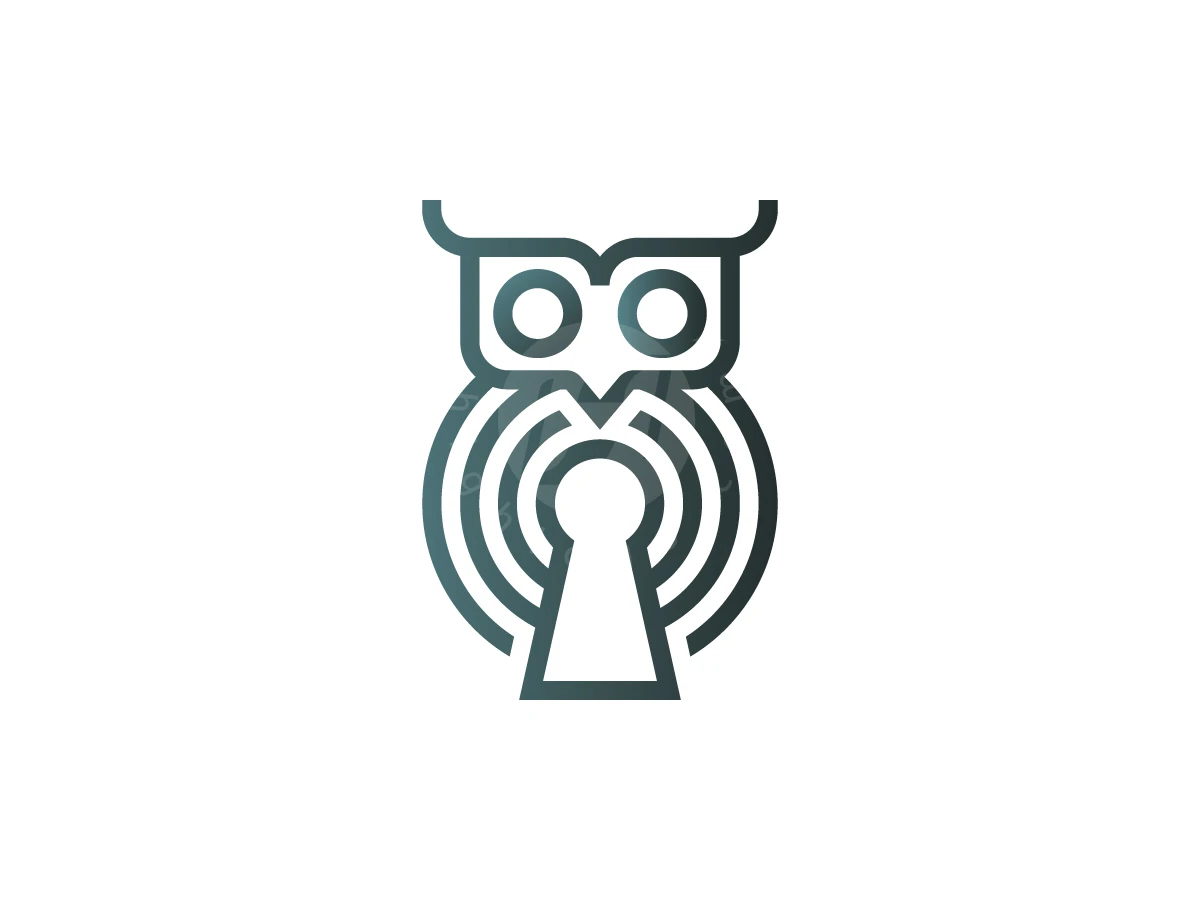 Secure Keyhole Owl Logo, Greenish-blue lines form an owl icon featuring a keyhole silhouette surrounded by concentric signal waves.