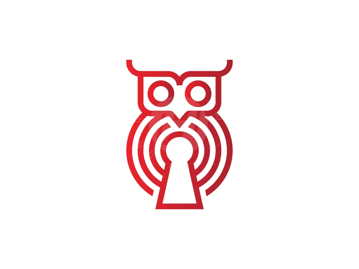 Secure Keyhole Owl Logo, Combining an owl head with a keyhole body, this red gradient line icon features concentric circular signal waves.