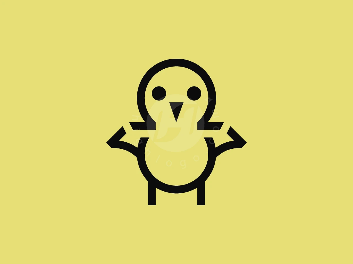 Omega Chick Emblem Logo, Thick black outlines shape a stylized yellow chick with round eyes and pointed wings on a yellow background.