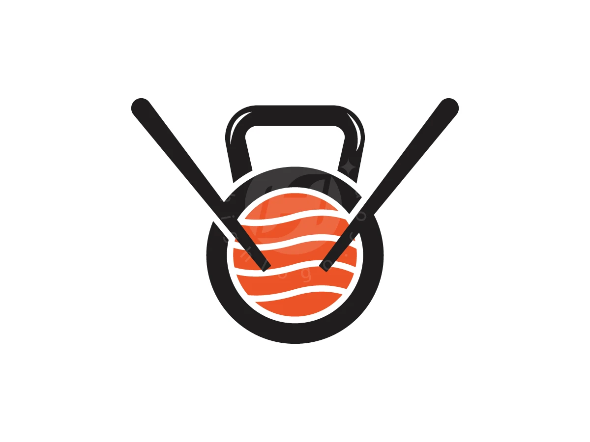 Strong Sushi Fitness Fusion Logo, Chopsticks pierce a circular orange salmon sushi design set inside the body of a black kettlebell silhouette.