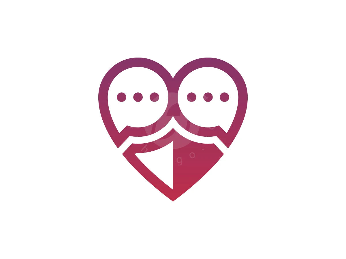 Trusted Chat Shield Emblem Logo, Speech bubbles containing three dots merge to create a purple and magenta gradient heart shape against a white background.