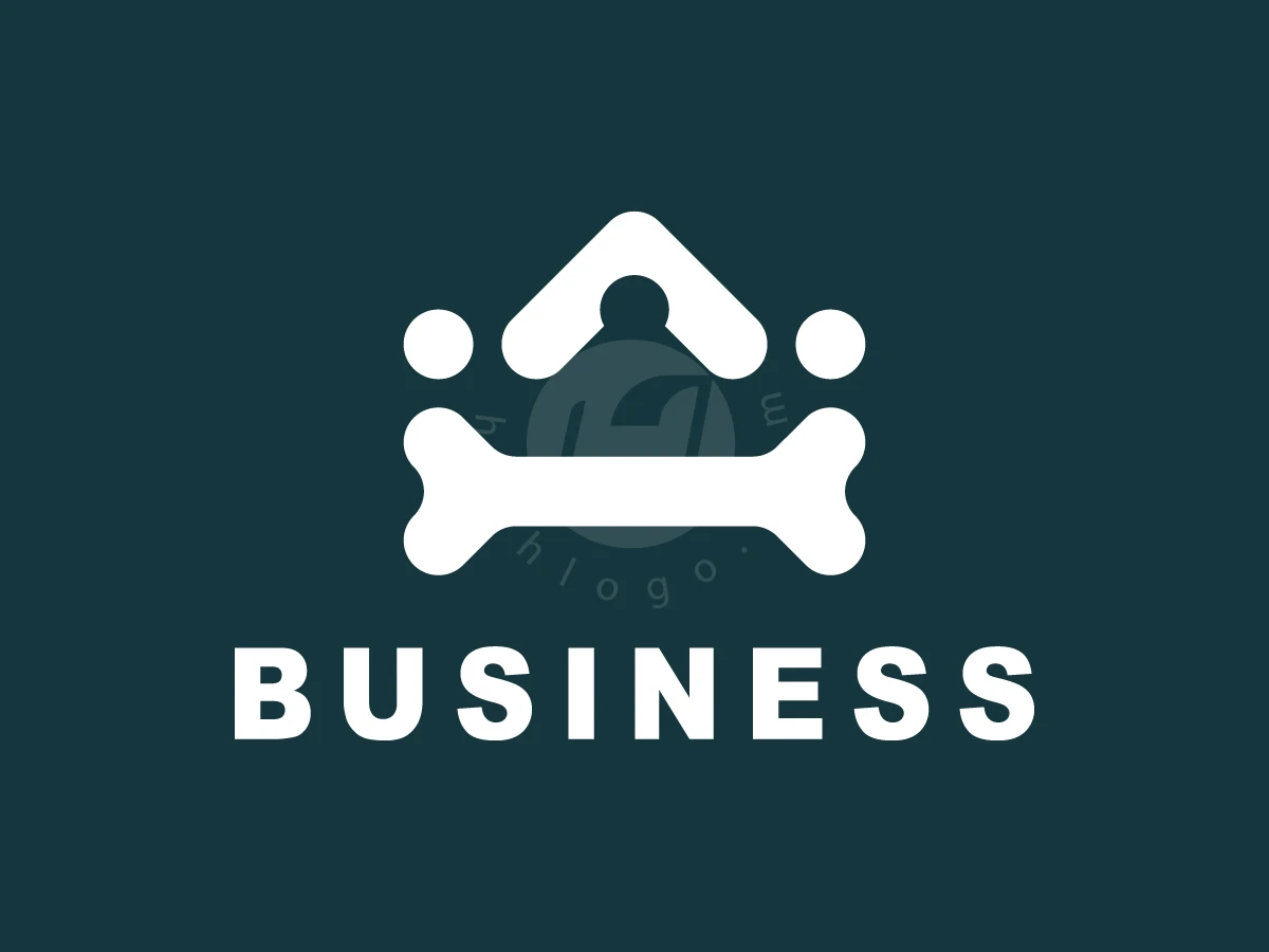 Bone Crown With Negative Space Logo, Against a dark teal background, a white bone and roof graphic forms a crown above the word "BUSINESS".