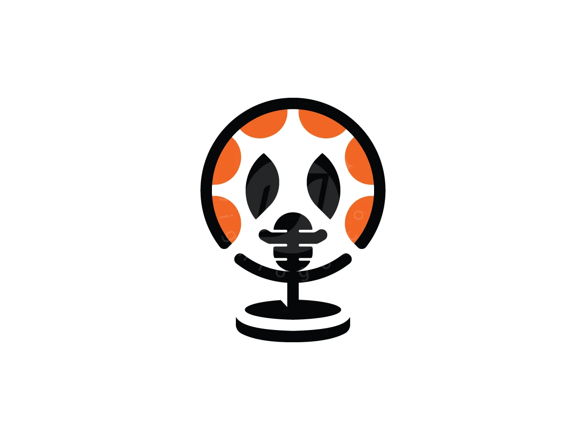 Classic Ghost Microphone Podcast Logo, Panda facial features blend with a microphone symbol within a black and orange circular frame on a stand.