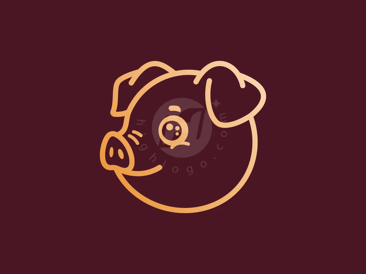 Piggy Cute Line Art Logo, Stylized golden lines outline a cute, circular pig head with large eyes against a deep burgundy background.