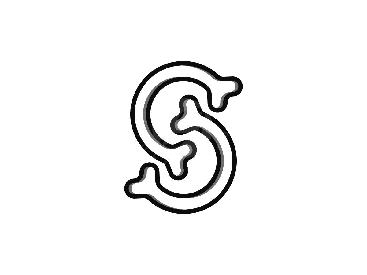 Bone Style Letter S Logo, Interlocking white bones with thick black outlines and grey shadows form a stylized letter S on white.