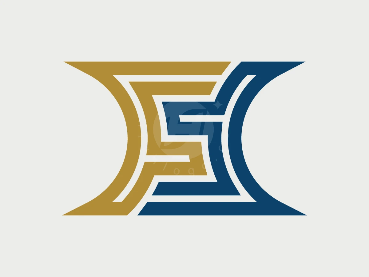 Dynamic Double F Monogram Logo, Interlocking gold and navy blue geometric shapes create stylized letters with sharp, curved outer edges on a light background.