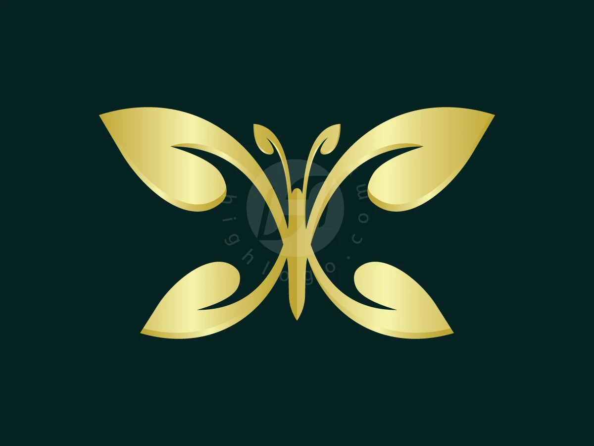 Golden Elegant Butterfly Emblem Logo, Golden butterfly wings shaped like elegant leaves shimmer against a solid dark green background.