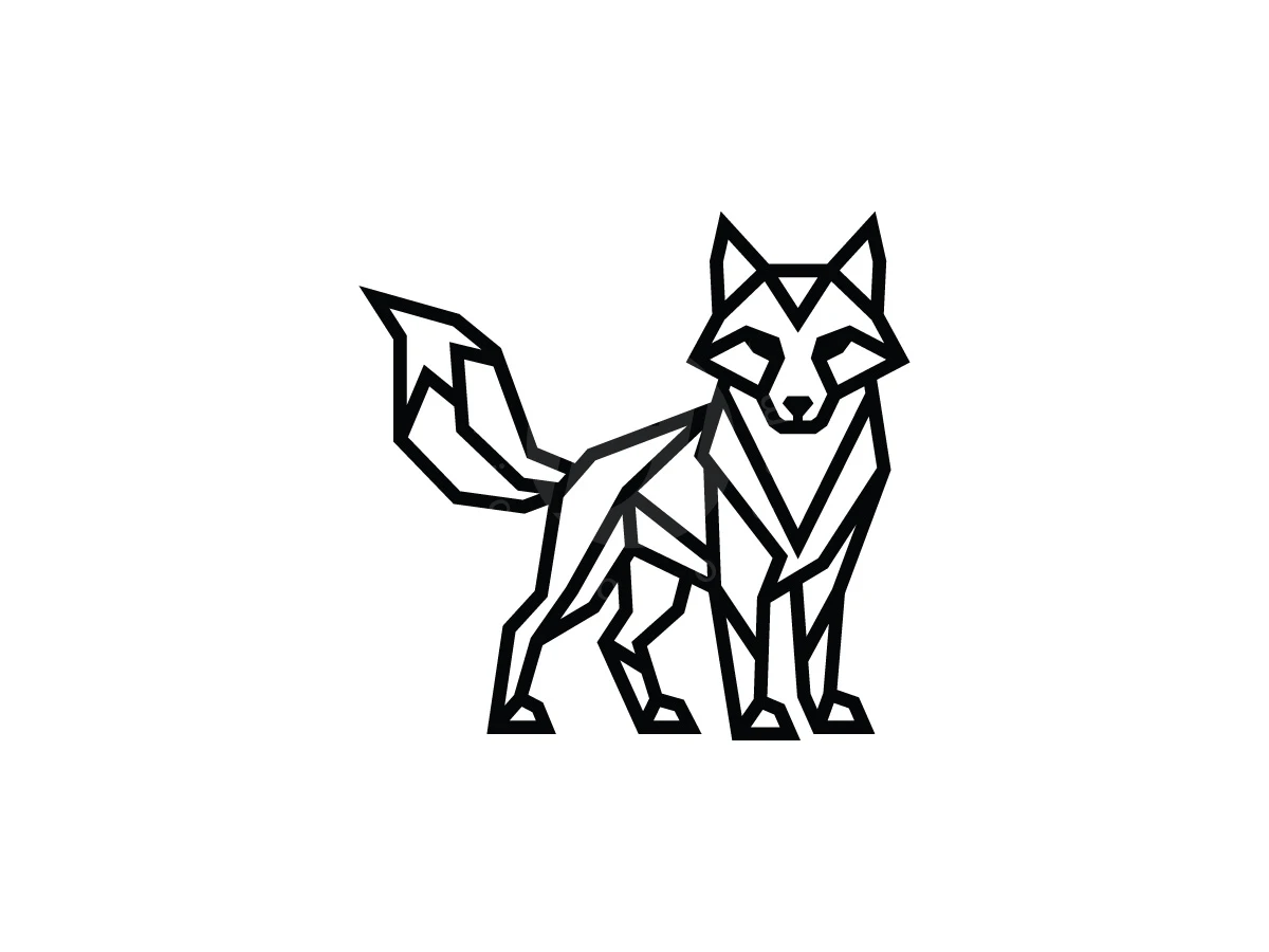 Geometric Arctic Fox Emblem Logo, Constructed from bold black geometric lines, a standing fox is depicted against a clean white background.