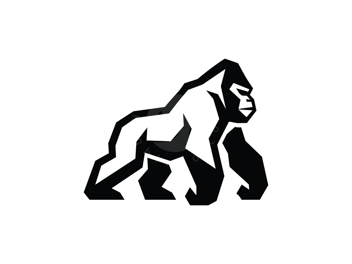 Modern Strong Geometric Gorilla Power Logo, Composed of sharp black geometric shapes and negative space, a gorilla walks purposefully on all fours.