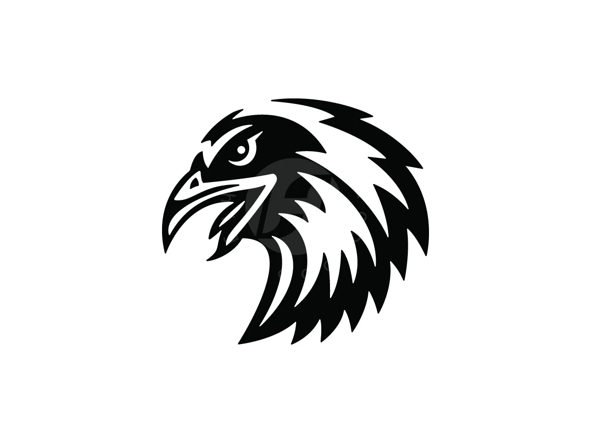 Falcon Fury Bold Eagle Emblem Logo, Eagle head vector art uses bold black lines, sharp feathered shapes, and an open beak on a white backdrop.