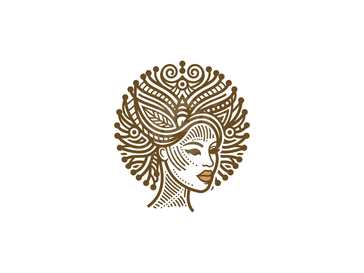 Elegant Afro Goddess Logo, Brown linework forms a stylized female portrait featuring intricate tribal patterns, detailed facial markings, and golden-brown lips.