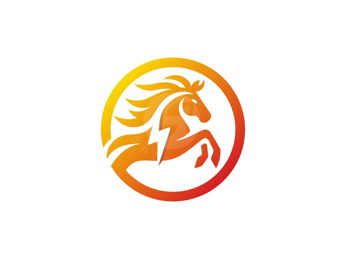 HORSE ENERGY LOGO DESIGNS MODERN ORANGE COLOR, Within a yellow-to-red circular frame, a stylized orange horse rears up, integrated with a white lightning bolt.