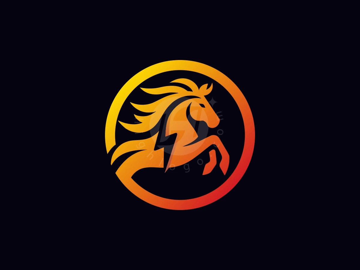 HORSE ENERGY LOGO DESIGNS MODERN ORANGE COLOR, Inside a vibrant orange circle, a stylized yellow horse rears up with a dark lightning bolt on its neck.